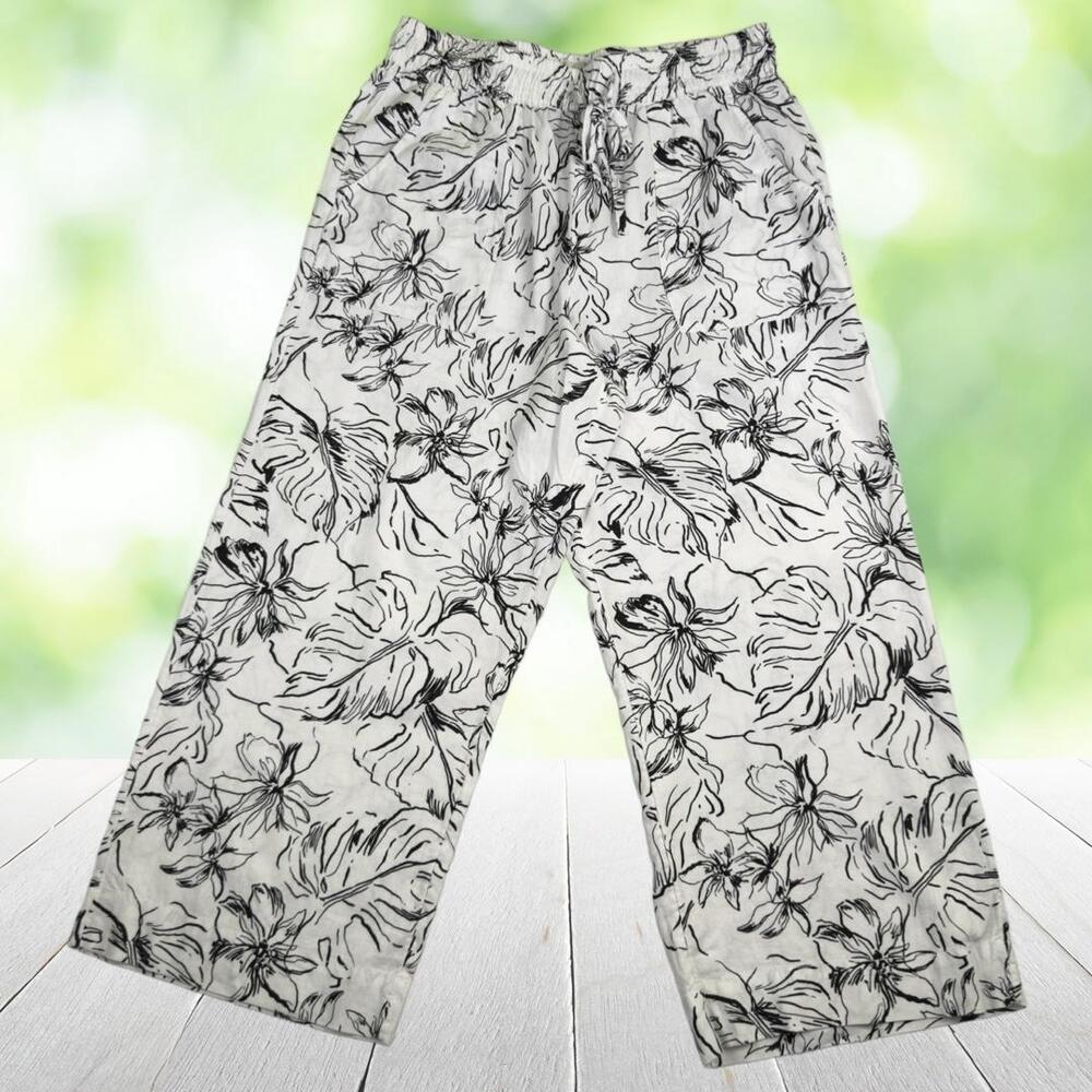 JOIE Wide Leg Crop Pants Linen Blend Tropical Floral Resort Black White Womens L